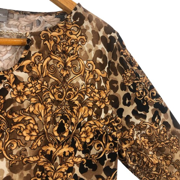 Chico's Travelers Animal Print Top Sz 1 (Medium) Baroque Brown Gold Chain Detail - Picture 5 of 9